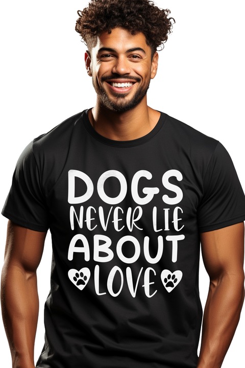 Tricou Barbati cu mesajul "Cainii nu mint niciodata cu privire la iubire" cu imprimeu pe Fata, 100% Bumbac, Negru, L