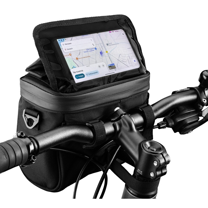 Geanta pentru ghidon bicicleta, Zagatto Velo, Neagra, 19x11x18, 5 cm, 3, 8L, Suport telefon, Impermeabila, Fixare rapida, Bretea pentru transport, ZG858