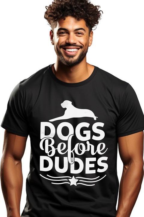 Tricou Barbati pentru cei care le ofera prioritate cainilor cu imprimeu pe Fata, 100% Bumbac, Negru, L