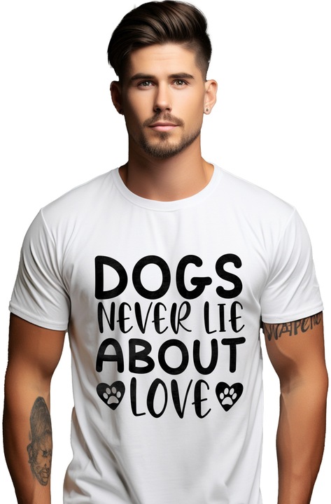 Tricou Barbati cu mesajul "Cainii nu mint niciodata cu privire la iubire" cu imprimeu pe Fata, 100% Bumbac, Alb, XS