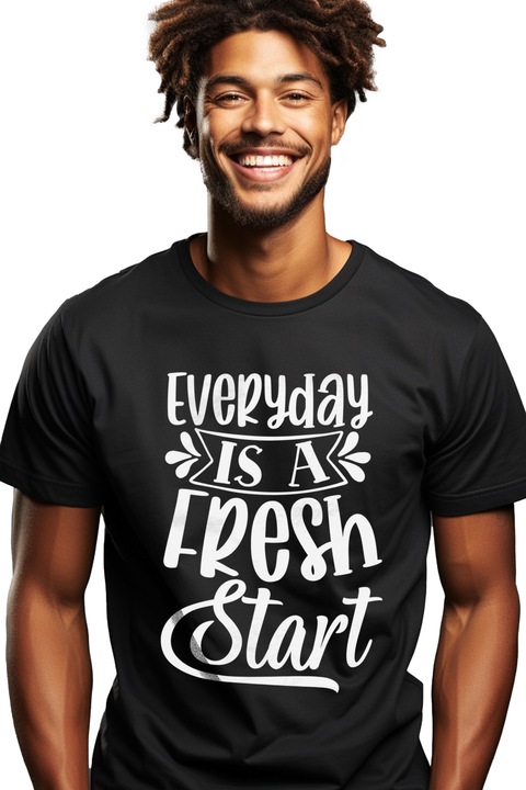 Tricou Barbati cu mesaj motivational "Fiecare zi reprezinta un nou start" cu imprimeu pe Fata, 100% Bumbac, Negru, XS
