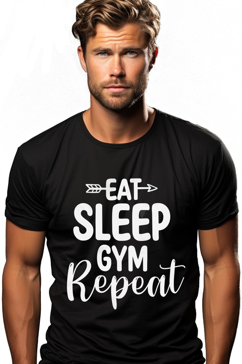 Мъжка тениска с надпис "Eat sleep, gym, repeat" - eat sleep gym repeat с щампа на лицето, 100% памук, черна, XS