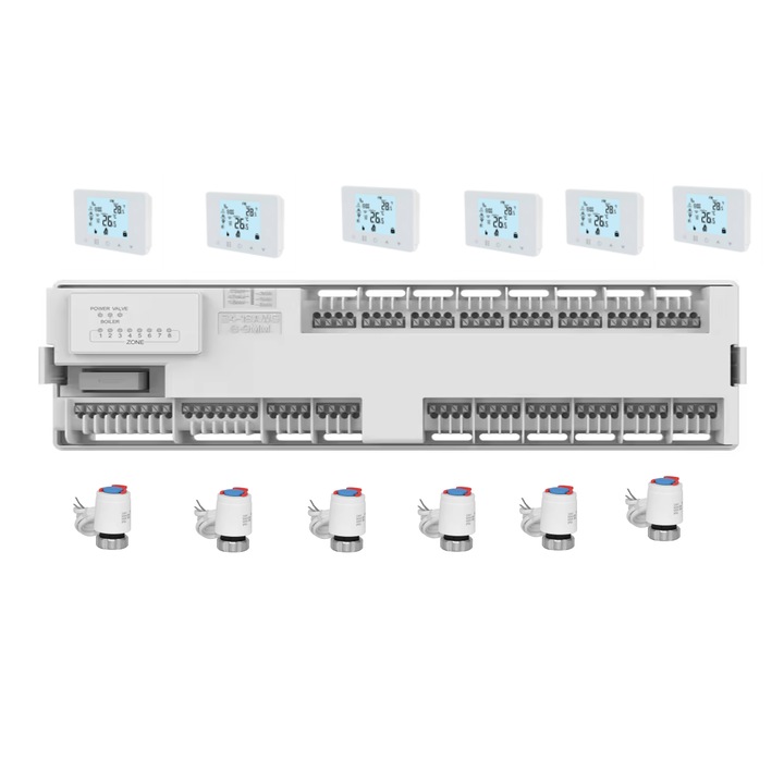 Sistem automatizare incalzire in pardoseala centru de comanda, 6 termostate inteligente cu fir HY09WIFI controlate prin Internet, 6 actuatoare2 controlate prin Internet, 8 actuatoare