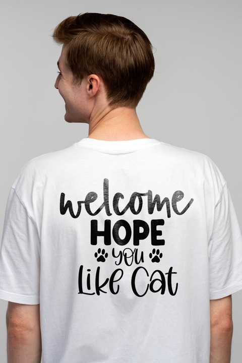 Tricou Barbati pentru iubitorii de pisici cu mesajul "Bun-venit, sper ca iti place pisica" cu imprimeu pe Spate, 100% Bumbac, Alb, XS