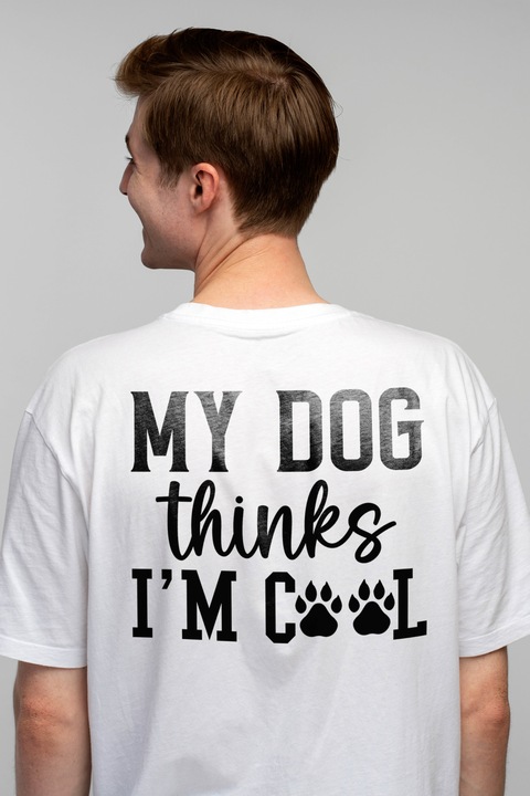 Tricou Barbati pentru iubitorii de caini cu mesajul "Cainele meu crede ca sunt smecher" cu imprimeu pe Spate, 100% Bumbac, Alb, L