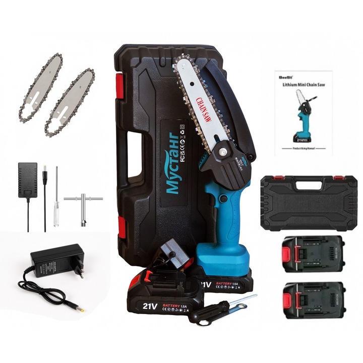Mustang mini fűrész, 2 elem, 21V, 1,5 Ah, penge 18,5 cm + penge + tartalék lánc