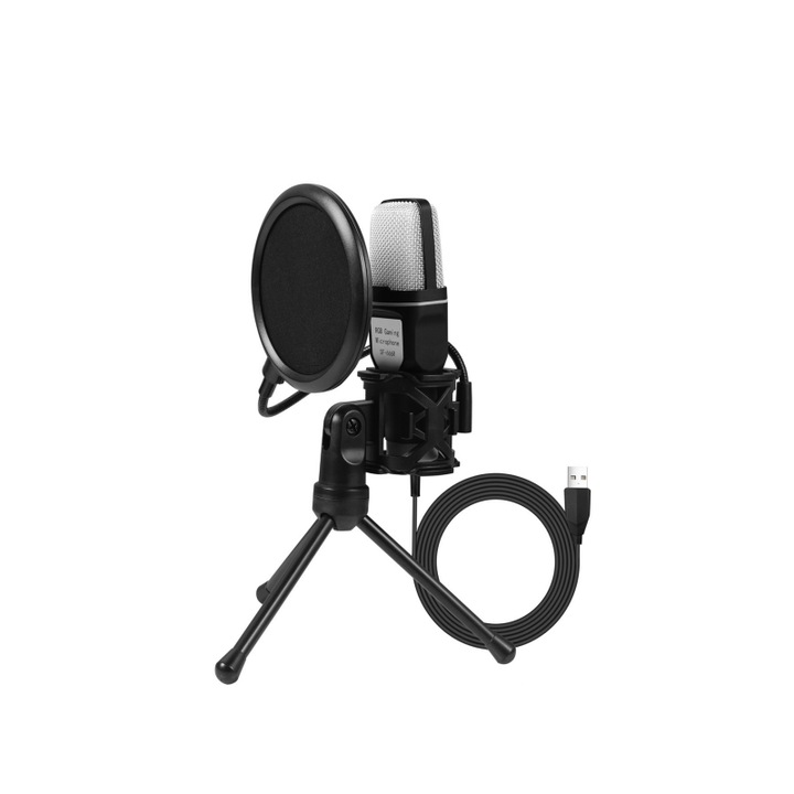 Microfon, suport pliabil, sensibilitate ridicata, efect de iluminare RGB, design cu burete rezistent la vant, reducere eficienta a zgomotului, mufa USB, plug and play, negru