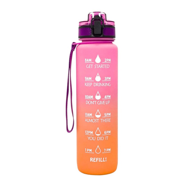 Градиентна мотивационна бутилка за вода с цитати и времева линия (1000 ml) - Розово/оранжево