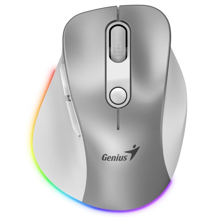 Genius Ergo 9000S Pro vezeték nélküli optikai RGB gamer egér, 2, 4 GHz és Bluetooth csatlakozás, egyidejűleg 3 eszközhöz csatlakoztatható, 2 400 dpi, ezüst