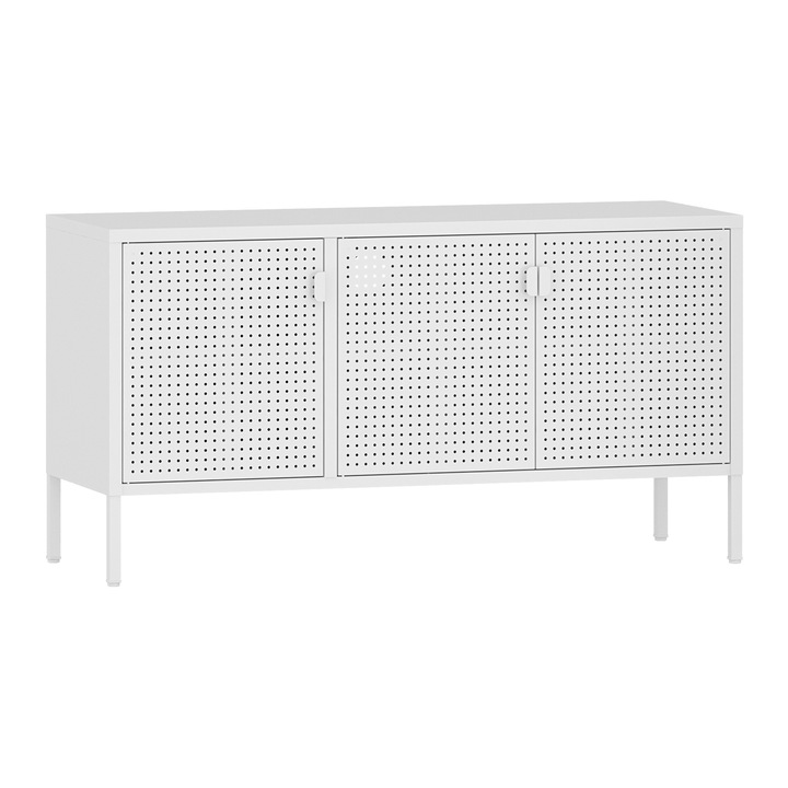 Comoda TV, en.casa, PXSL-0260 Castelli, 114 x 40 x 60 cm, otel, alb, cu 3 usi cu fante aerisire
