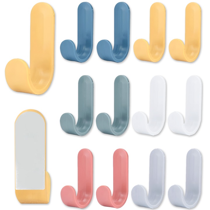 Set de carlige adezive Euro economisitoare de spatiu, Enforose, design modern, rezistenta mare, 12 bucati