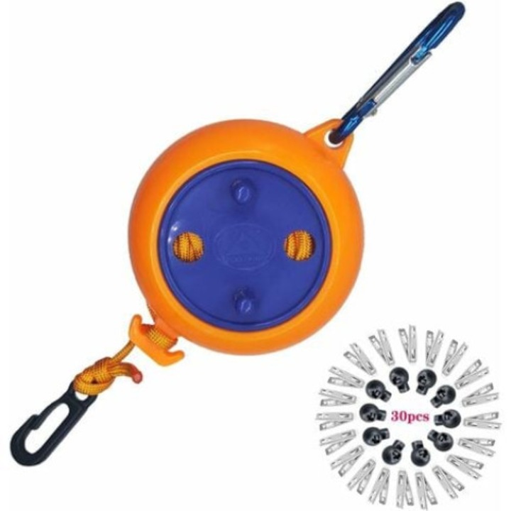 QttvbTna visszahúzható ruhakötél, strapabíró nylon, 8m, 20 klipsszel és 10 ütközővel, hordozható