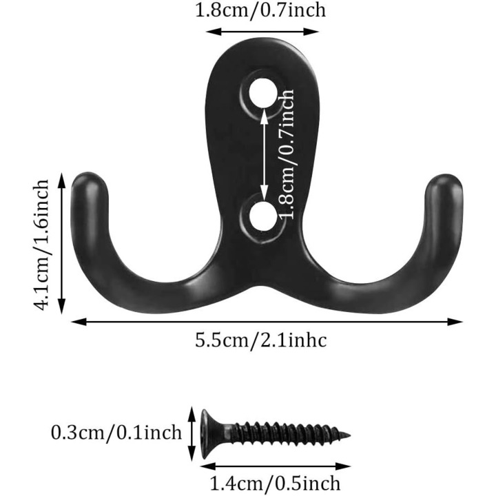 Set 15 carlige duble de perete, zinc, negru, 55x41mm, cu suruburi