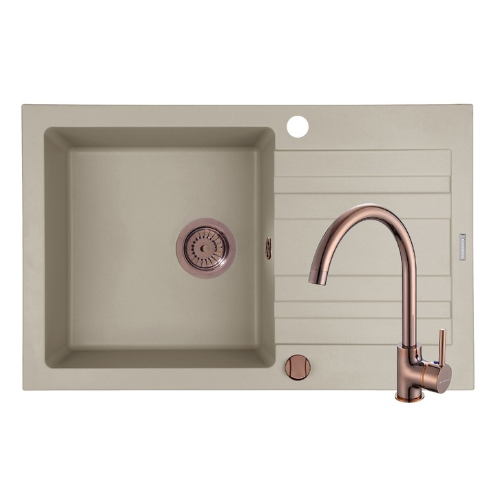 Set chiuveta granit Pyramis NAXOS Beige si baterie ECO BELLO, dimensiune 790x500mm, adancime 190mm, montare pe blat, reversibila, valva automata si baterie PVD, finisaj copper
