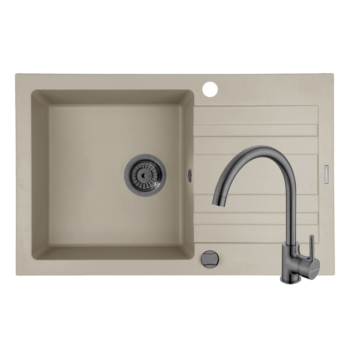 Set chiuveta granit Pyramis NAXOS Beige si baterie ECO BELLO, dimensiune 790x500mm, adancime 190mm, montare pe blat, reversibila, valva automata si baterie PVD, finisaj gun metal