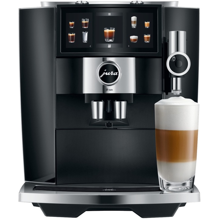 Автоматична машина за еспресо JURA J8 Twin Diamond Black, 2x PAG3+ конусни смилания, 3D технология за екстракция, 32 напитки, дюза за сироп, меню на румънски език, 1450 W, 15 бара, черен