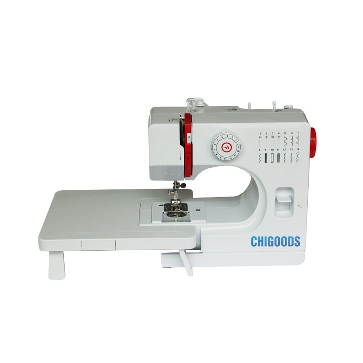 Електрическа мултифункционална шевна машина, Chigoods, 14 бода, двойна игла за шиене, 2 скорости, педал, бяла, 9W