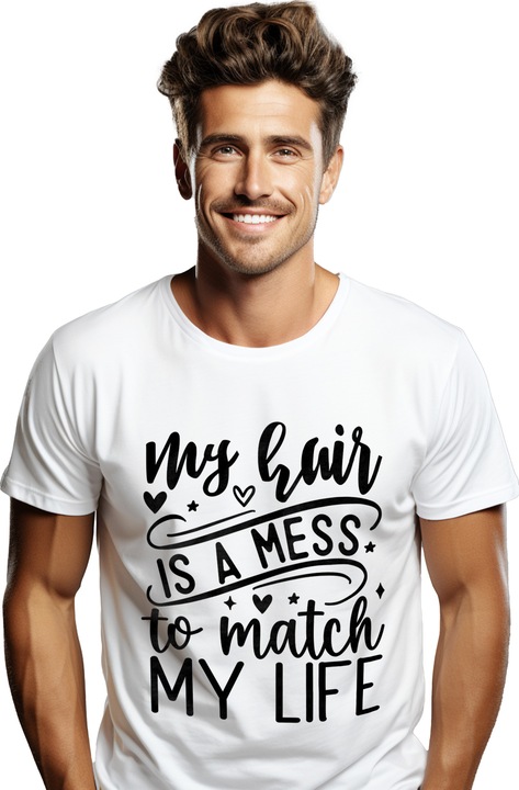 Tricou Barbati cu inimioare pentru femeile care au parul incurcat asa cum e si viata lor cu imprimeu pe Fata, 100% Bumbac, Alb, S