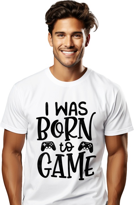Мъжка тениска с 2 контролера и надпис "I was born to play" с щампа на лицето, 100% памук, бяла, L