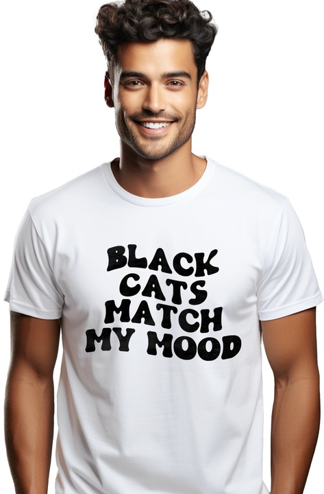 Tricou Barbati pentru iubitorii de pisici cu mesajul "Pisicile negre se potrivesc cu starea mea de spirit" cu imprimeu pe Fata, 100% Bumbac, Alb, S