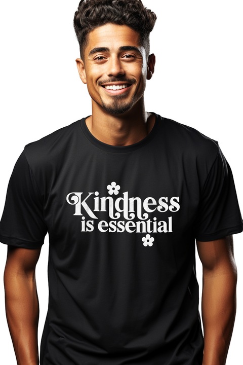 Tricou Barbati cu floricele si textul "Bunatatea este esentiala" - ajutor cu imprimeu pe Fata, 100% Bumbac, Negru, L
