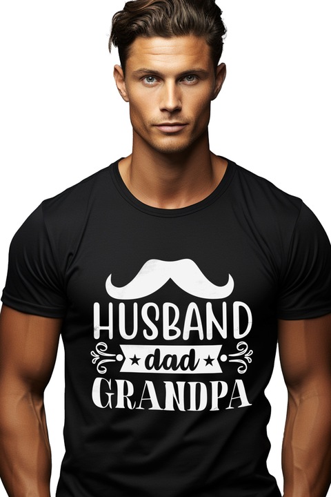 Tricou Barbati cu textul in engleza "Husband, dad, grandpa" - sot tata bunic cu imprimeu pe Fata, 100% Bumbac, Negru, XS