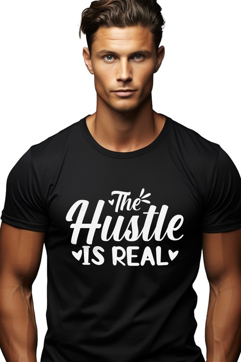 Tricou Barbati cu inimioare si textul "The hustle is real" - munca este reala efort obiective cu imprimeu pe Fata, 100% Bumbac, Negru, XS