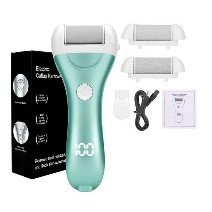 Pila electrica pentru pedichiura, pentru talpi si calcaie, afisaj LED, 2 viteze, 2000 rot/min, 3 capete incluse, rezistent la apa IPX7, 1200mAh baterie cu litiu, verde