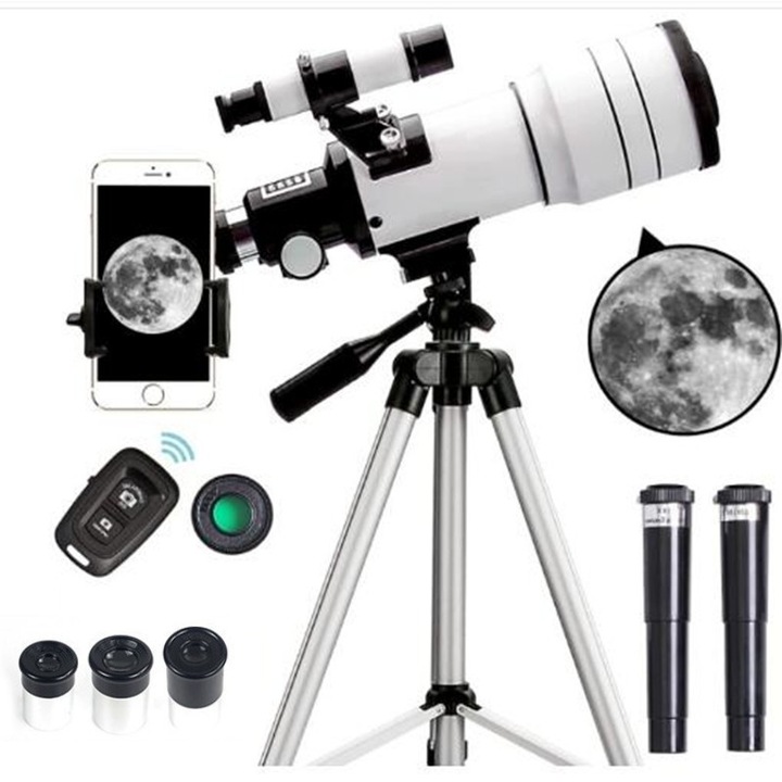 Telescop Astronomie pentru Incepatori, Refractor, 70mm, 1000mm, Set cu Trepied Reglabil si Adaptor Telefon, Alb/Negru