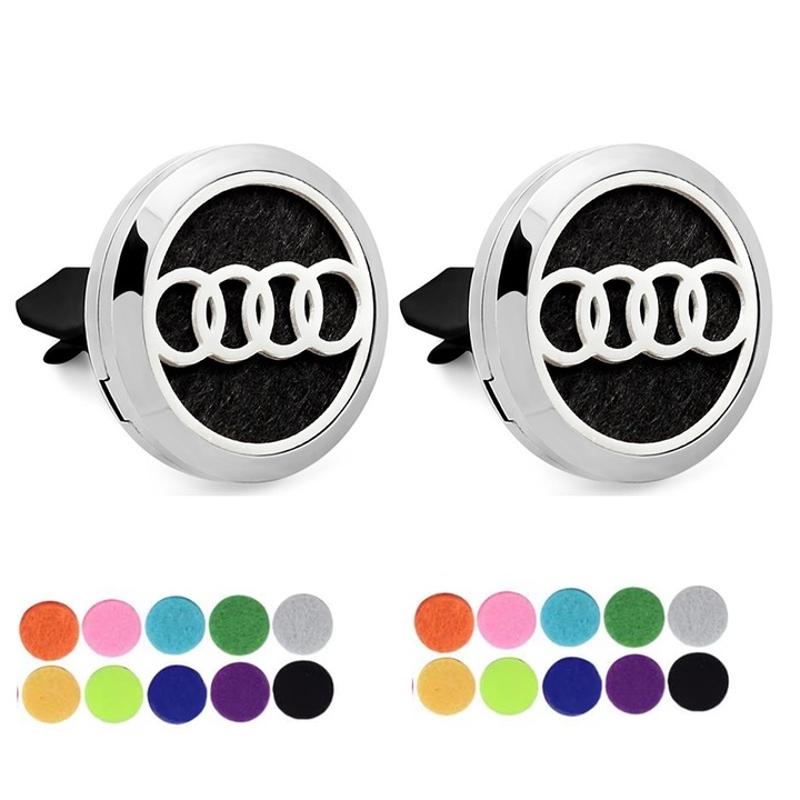 Set difuzor aroma pentru masina, argintiu, cu 10 discuri de fetru colorate, montare grila ventilatie