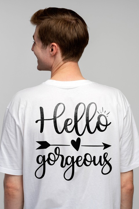 Мъжка тениска със сърце и надпис "Hello, gorgeous" - добра, прекрасна, красива, любима с щампа на гърба, 100% памук, бяла, L