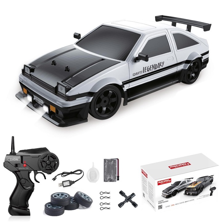 Кола WALALLA, 1:16, 2.4 Ghz, Drift, 4WD, 18KM/H, LED светлини, ремонтни части, включени резервни гуми, бяло/черно