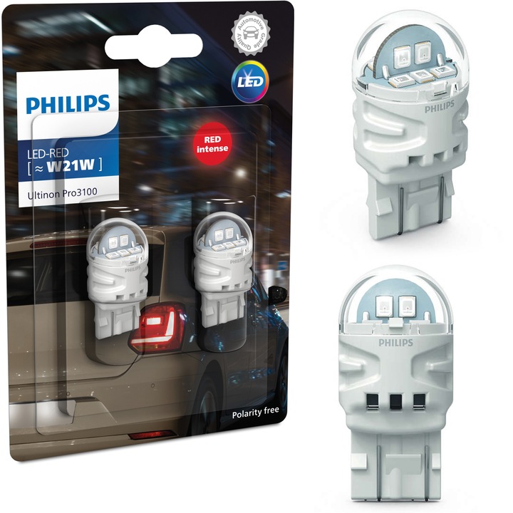 Becuri auto, Philips Ultinon Pro3100, LED, rosu, set 2 bucati