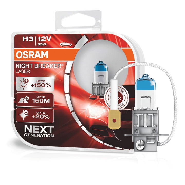 Bec cu halogen auto, OSRAM Night Breaker Laser, H3, 150% mai luminoase