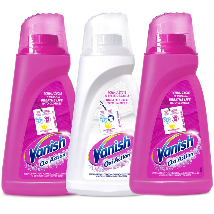 Set 3 solutii curatat pete, Vanish, 2 x Oxi Action Pink 1 L, 1 x Oxi Action Crystal White 1 L