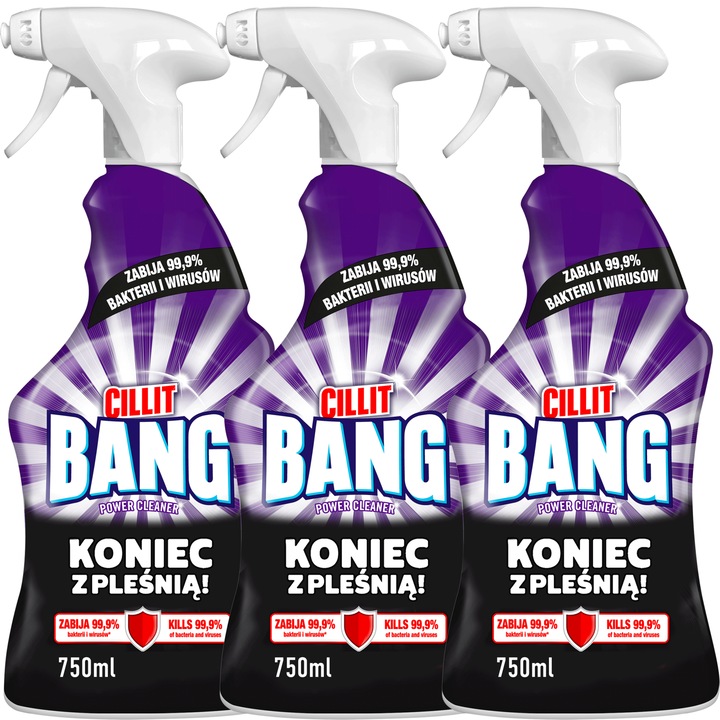 Set 3 spray-uri pentru baie Bang Power Cleaner, Cillit, Indeparteaza mucegaiul, Antibacterian, 750 ml