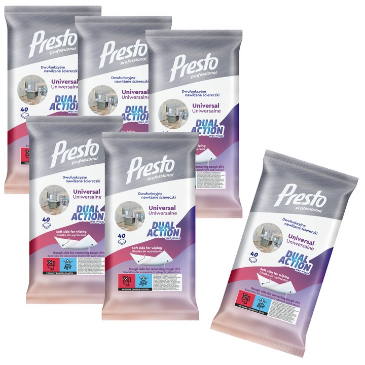Set 6 pachete servetele umede antibacteriene, Presto, multicolor