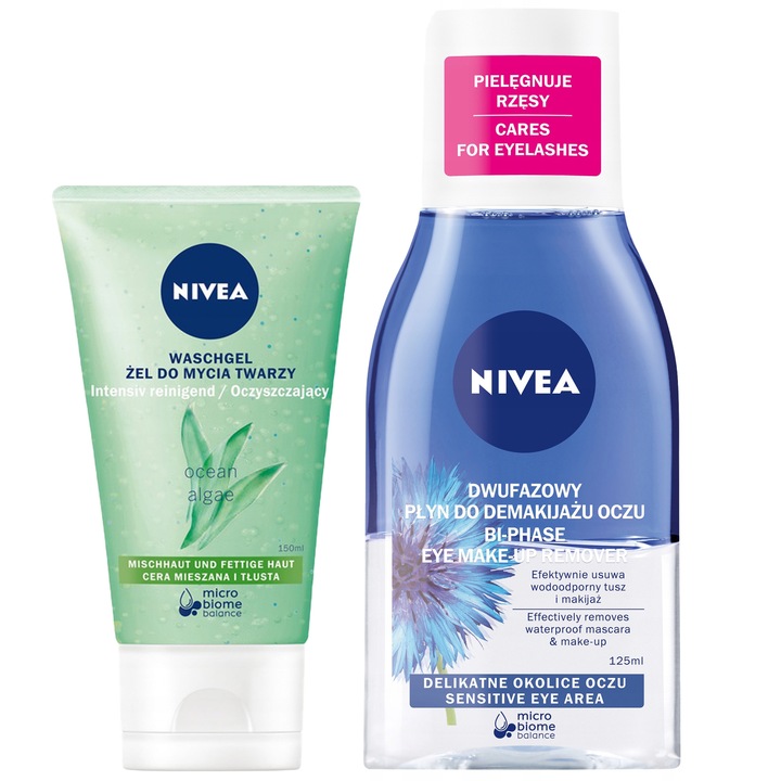 Sminklemosó és tisztító gél készlet, Nivea, vegyes és zsíros bőrre, alga kivonat, 150+125 ml, többszínű