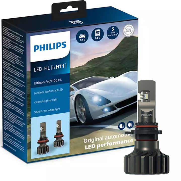 Bec auto LED Philips Ultinon Pro9100, Lumileds, 350% mai luminos, 5800K, H11
