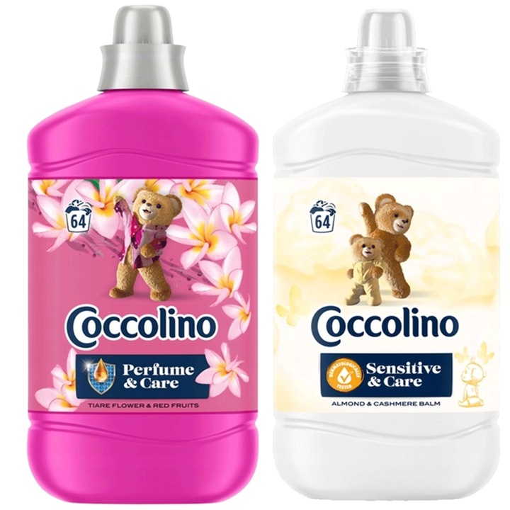 Set Balsam de Rufe Coccolino Creations, Tiare & Fructe Rosii, Migdale & Cashmere, 1.6L x2, 3.2L