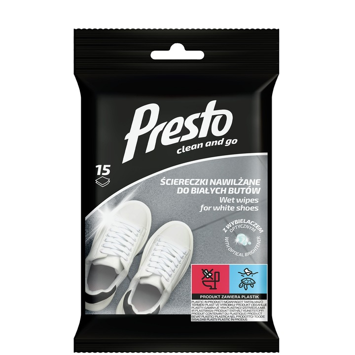 Set 15 servetele umede, Presto, pentru pantofi albi, rezistente, multicolor