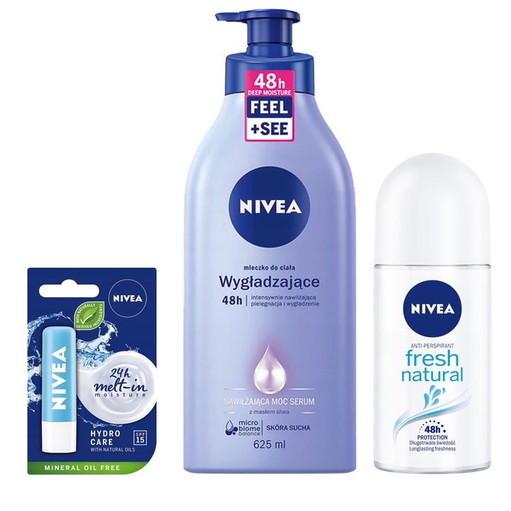 Szett testtej + izzadásgátló + ajakbalzsam, Nivea, bőrgyógyászatilag tesztelt, 48 óra, SPF 15, 625 ml / 50 ml / 4,8 g