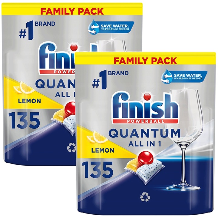 Комплект 2x135 капсули препарат за съдомиялна Finish Quantum, защита на стъкло, Лимон, многоцветен