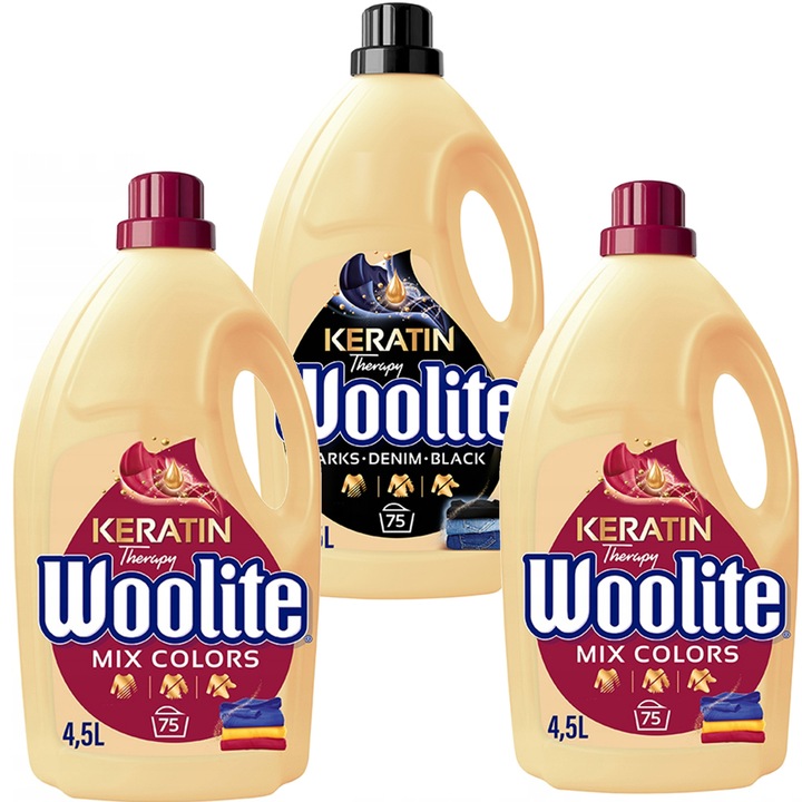 Detergent rufe Woolite Keratin Therapy, lichid, pentru negru si colorate, set 3 bucati, protectie culori, 4.5l
