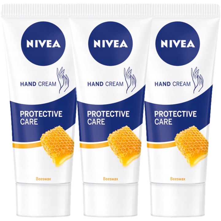 Set 3 Creme de maini Nivea Protective Care, cu ceara de albine, pentru toate tipurile de piele, 3x75ml