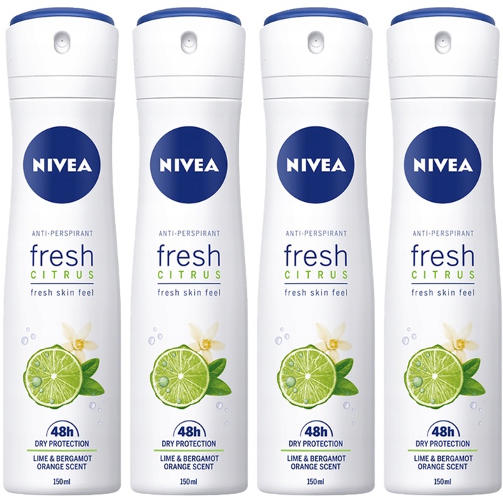 Set 4 antiperspirante spray, Nivea, protectie 48 h, citrice, 150 ml, multicolor