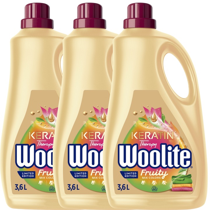 Detergent rufe Woolite Colour Fruity, protectie cu keratina, aroma fructata, 3x3.6l