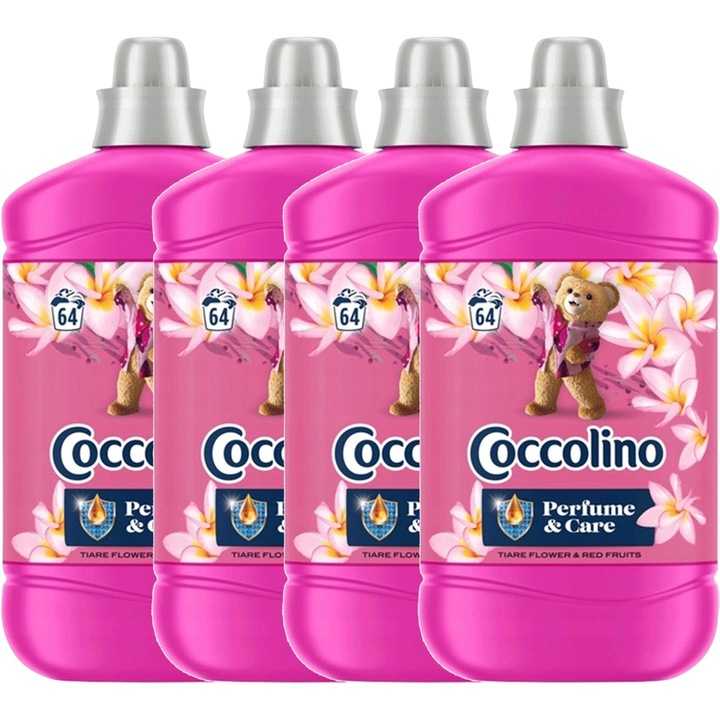 Комплект от 4 бутилки омекотител Coccolino, Gardenia Tahitiana и червени плодове, 6.4L, розов
