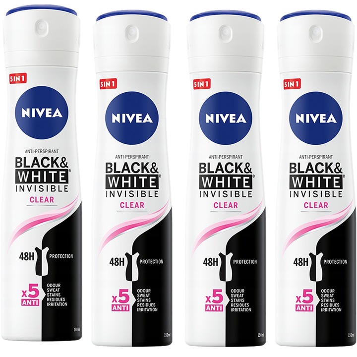 Set 5 Antiperspirante Spray Femei, Nivea, 48h, Invizibil, 150 ml