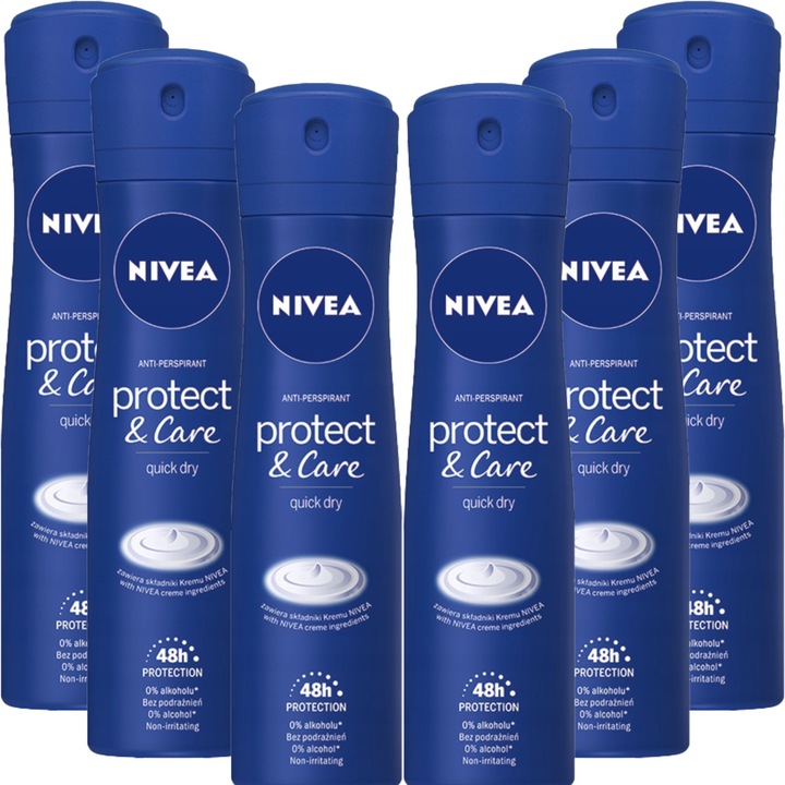 Set 6 antiperspirante Protect & Care, Nivea, 48h protectie, fara alcool, 150 ml, albastru/alb